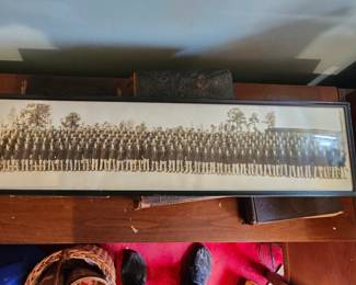 Antique framed panoramic photograph depicting a large group of uniformed men, likely military, cadet, or academy related. Professionally framed and measuring approximately 8" x 30". A unique historical display piece with potential military and collectible interest. $125 plus shipping or local pickup.