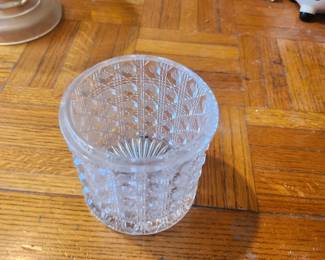 Vintage Cut Glass Toothpick Holder / Small Dish  Price: $10  Vintage cut glass toothpick holder or small trinket dish with detailed pattern.  Condition: Good vintage condition with no visible chips or cracks.  Estimated Value:  Estate Sale: $10 Online: $15–20 Antique Shop: $20–30  Buyer pays shipping or local pickup available.