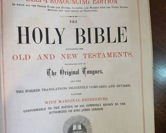 Self‑Pronouncing Bible Early 1900s Self‑Pronouncing King James Bible, embossed cover, clean pages, strong binding. Includes family record entries (1915–1921). Antique Bible in good condition. Value $25–$45.