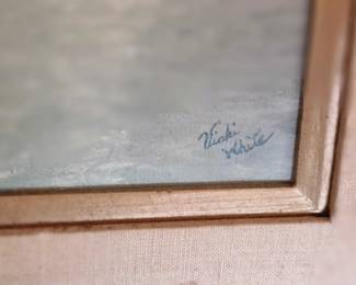 Signed Vicki White Beautiful original signed landscape painting depicting a serene glacier lake surrounded by snow-covered mountains and evergreen forests. Signed by the artist in the lower right corner. The painting is housed in a simple wood frame and offers a timeless, tranquil scene that would complement a rustic, lodge, or traditional décor.  A wonderful estate find and an attractive piece for collectors of original artwork and mountain landscapes.  Price: $95 plus shipping or local picku