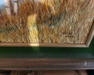 Beautiful original oil painting signed by Vicki White depicting a peaceful lakeside scene with birch and aspen trees overlooking calm water. The artwork features warm autumn tones and comes professionally framed in an elegant wood frame with a green and gold liner that complements the painting beautifully.  This is an exceptional decorative piece that would look wonderful in a lake house, cabin, office, or traditional home. Original signed artwork with excellent detail and a timeless nature-inspired design.  Original hand-painted artwork Signed by Vicki White (lower right corner) Professionally framed and ready to hang Birch and lakeside landscape scene Excellent estate condition  Price: $175 plus shipping or local pickup.