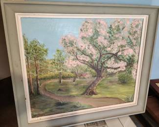 Original Signed Oil Painting by Vicki Smith – Country Spring Landscape  Beautiful original signed oil painting by Vicki Smith depicting a peaceful springtime country landscape. The artwork features a blooming pink flowering tree, winding country path, and distant farmhouse set against a soft blue sky. The painting is presented in an attractive vintage frame and is ready to hang.  Its serene countryside setting makes it a wonderful addition to traditional, farmhouse, cottage, or country-inspired interiors. A lovely estate find with timeless decorative appeal.  Original oil painting Signed by Vicki Smith Vintage wood frame included Spring landscape with flowering tree and country path Ready to display Estate fresh condition  Price: $175 plus shipping or local pickup.