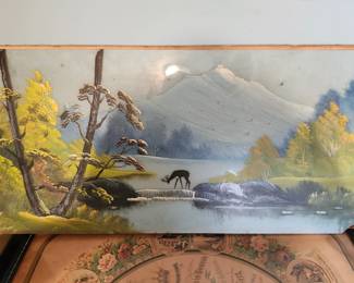 Vintage Mountain Landscape Painting with Deer – Textured Oil on Board  Beautiful vintage mountain landscape painting featuring a deer drinking from a peaceful stream surrounded by trees and snow-capped mountains. The artwork has textured brushwork that adds depth and character, making it a wonderful statement piece for a living room, den, cabin, or lodge-inspired space.  The soft blues and warm autumn tones create a timeless outdoor scene that displays beautifully whether framed or hung as-is. A unique estate find with excellent decorative appeal.  Vintage textured landscape artwork Deer and mountain lake scene Painted on board/canvas panel Ideal for rustic, cabin, or lodge décor Estate fresh condition  Price: $125 plus shipping or local pickup.