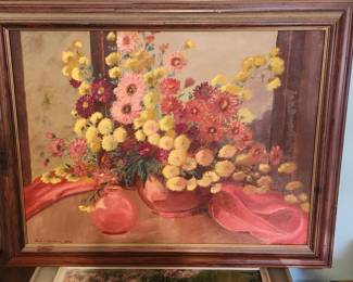 Original Signed Oil Painting by Doris Stanton (1978) – Floral Still Life  Beautiful original oil painting signed and dated by Doris Stanton, 1978. This vibrant floral still-life features an elegant arrangement of colorful blossoms accented by soft drapery and warm earth tones. Professionally framed in a vintage wood frame and ready to hang.  The rich colors and timeless composition make this an excellent statement piece for a dining room, living room, office, or traditional home décor. A wonderful estate find and an attractive example of late 20th-century original artwork.  Original oil painting on canvas Signed "Doris Stanton, 1978" Vintage wood frame included Floral still-life composition Estate fresh condition Ready to display  Price: $225 plus shipping or local pickup.