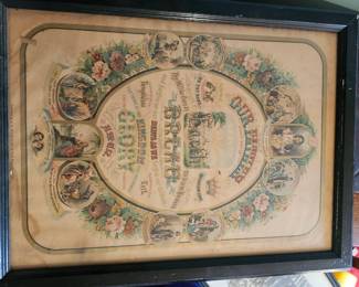 Victorian Framed "Our Mother" Religious Chromolithograph Print  Beautiful Victorian-era framed chromolithograph titled "Our Mother," featuring inspirational religious verses and colorful floral illustrations surrounding sentimental scenes celebrating motherhood and family values. This late 19th-century decorative print is a wonderful example of Victorian parlor art and Americana.  The piece retains its vintage character and would make an excellent addition to a collection of antique religious artwork, Victorian décor, or early American ephemera. Original black frame included.  Victorian chromolithograph print Religious and sentimental family theme Original vintage frame Excellent decorative appeal for collectors and interior designers Estate fresh condition  Price: $125 plus shipping or local pickup.