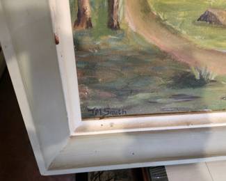 Original Signed Oil Painting by Vicki Smith – Country Spring Landscape  Beautiful original signed oil painting by Vicki Smith depicting a peaceful springtime country landscape. The artwork features a blooming pink flowering tree, winding country path, and distant farmhouse set against a soft blue sky. The painting is presented in an attractive vintage frame and is ready to hang.  Its serene countryside setting makes it a wonderful addition to traditional, farmhouse, cottage, or country-inspired interiors. A lovely estate find with timeless decorative appeal.  Original oil painting Signed by Vicki Smith Vintage wood frame included Spring landscape with flowering tree and country path Ready to display Estate fresh condition  Price: $175 plus shipping or local pickup.