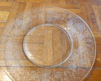 Vintage Etched Glass Serving Plate  Price: $10  Clear etched glass serving plate with floral pattern. Ideal for desserts, appetizers, or display.  Condition: Good vintage condition with no visible chips or cracks.  Estimated Value:  Estate Sale: $10 Online: $15–20 Antique Shop: $20–30  Buyer pays shipping or local pickup available.