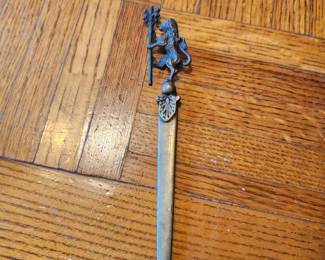 Vintage metal letter openers sold as a group. Includes ornate designs, figural handles, Norway marked piece, lion motif, and decorative blades. Mixed metals, all with detailed craftsmanship. Condition as shown. Buyer pays shipping or local pick up. Price $25 for the group.