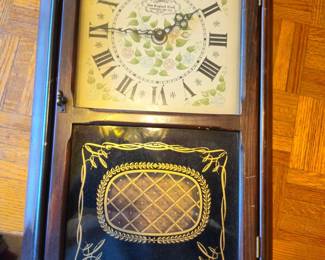 New England Clock Co. battery pendulum wall clock, dated 1967. Floral Roman numeral dial, brass pendulum, original instructions inside case. Runs on one C battery. Condition as shown. Buyer pays shipping or local pick up. Price $45.