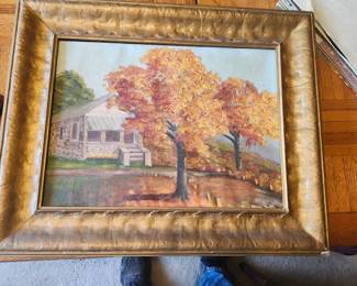Original Autumn Landscape Oil Painting in Ornate Gold Frame  Beautiful original vintage autumn landscape oil painting featuring a charming country farmhouse surrounded by vibrant fall foliage. Rich colors, visible brushstrokes, and textured paint create warmth and depth, making this a wonderful decorative piece for a home, office, cabin, or vacation property.  The painting is displayed in an attractive ornate gold-finished frame that complements the artwork and is ready to hang. Whether you're a collector of vintage artwork or simply looking for a timeless landscape, this piece offers classic appeal.  Details  Original vintage oil painting Autumn landscape with farmhouse Ornate gold-finished frame Ready to display Good vintage condition with light age-related wear to the frame consistent with normal use Approximate Age: Mid to Late 20th Century Estate Sale Price  $75.00  Shipping  Buyer pays actual shipping. Local pickup is also available.