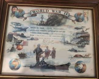 Framed World War II commemorative certificate honoring Corporal Phillip W. Ayers, a B-24 crewman who served from May 1943 through March 10, 1945. Presented by the Sparta, NJ VFW on Memorial Day 2001. A unique piece of WWII and local military history. $125 plus shipping or local pickup.