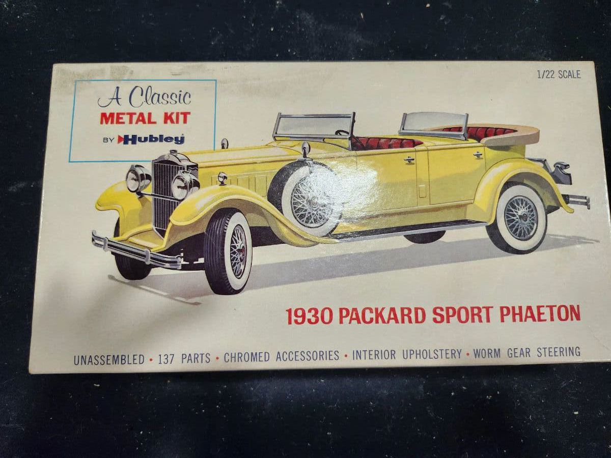Hubley 1930 Packard Sport Phaeton Metal Model Kit. Includes original box and parts. Partially assembled. Great vintage display piece or restoration project.   Price: $75