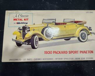 Hubley 1930 Packard Sport Phaeton Metal Model Kit. Includes original box and parts. Partially assembled. Great vintage display piece or restoration project.   Price: $75