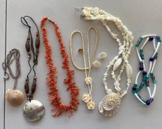 Shell and Coral Necklaces with Silver Chain Earrings and Single Cuff link