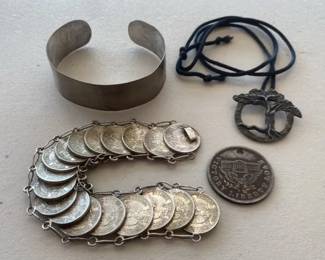 Mexico Coins Bracelet with Silvertone Necklaces and Bracelet