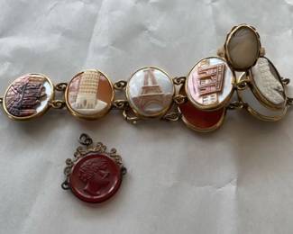 Travel Themed Cameo Gold Fill Bracelet with Cameo Ring and Pendant