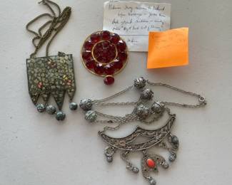 Green Mosaic Made In India Necklace with Red Glass Pendant and Silvertone Statement Necklace