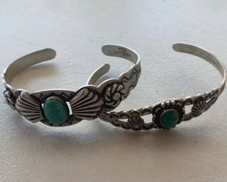 Two Silver Bracelets with BlueGreen Center Stones