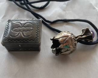 Silvertone Bell Pendant with Purple Stone and Metal Trinket Box