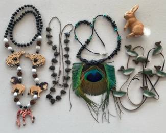 Peacock Feather Necklace with Animal Themed Necklaces and Handmade West Germany Bunny