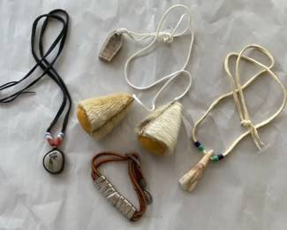 Fur and Antler Slice Alaska Native YoYos with Tooth Necklace and More Leather Cord Jewelry