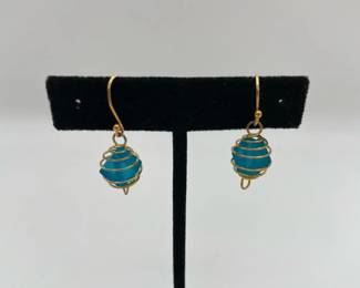 Beautiful Blue and Gold Tone Wire Wrapped Drop Earrings