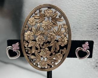 Metallic Sterling 12K Pin With 925 Heart Earrings