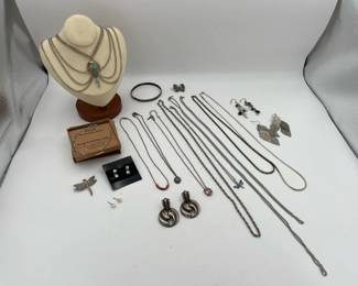 Collection Of Silver Toned Costume Jewelry w Necklaces Earrings Barrettes Chains Bracelets