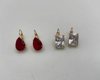 Two Pairs Of Gold Tone Drop Earrings w Glass Faceted Stones Of Red Clear