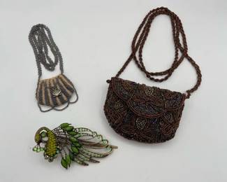 Rhinestone Peacock Hair Clip Small Beaded Hand Bag and Beaded Amulet Necklace