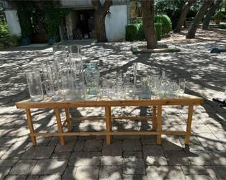 7 Ft Wooden Bench and Assorted Vases