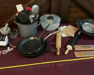 Assorted Kitchenwares Pots Pans Cast Iron Skillets Measuring Cups Utensils Salad Strainer