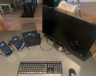 Computer Monitor Keyboard Mouse Speakers And Lamp