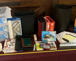 Assorted Office Lot File Boxes Letter Openers Sharpies Legal Pads Trash Cans Binders