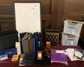 Assorted Office Lot Dry Erase Board Binders Supplies Trash Cans Stationery Clock CD Case
