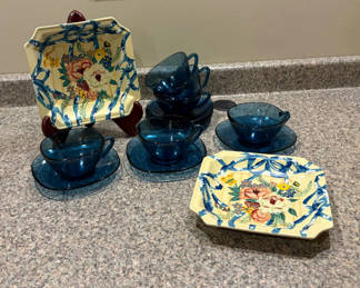 Lot 39: Blue Glass Cups and Saucers, Plates