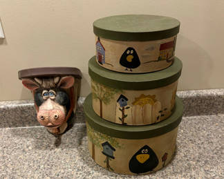 Lot 31: 3 Stacking Primitive Boxes and Cow Shelf