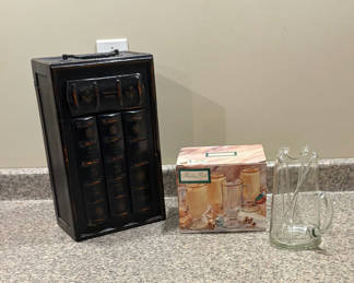 Lot 38: Wooden Wine Caddy, Glasses, Pitcher