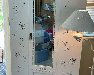 Lot 39: Shabby Chic Boho Small Antique Armoire, Floor Lamp, And Birdcage