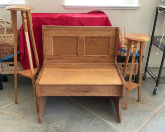 Lot 40: Small Oak Bench With Storage, Two Pedestals