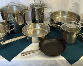 Lot 104: Stainless steel cookware set with pots, pans and steamer