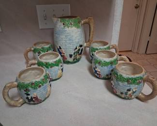 Majolica pitcher with 6 Mugs made in Japan - 1950s