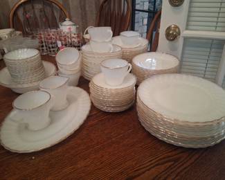 Anchor Hocking "Swirl" Dinner Set White Milk Glass Gold Trim
