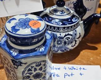 BLUE AND WHITE TEA POT AND GINGER JAR