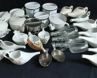 Antique Invalid Infant Medical Feeders, Porcelain, Tin, Glass