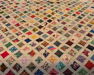 Hand stitched Cathedral window quilt with fringe 75" x 86"