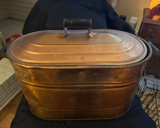 Antique copper wash boiler with handles and top, copper is sealed