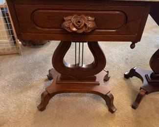 1940s Kimball wood Empire style side table with marble top & lyre base
