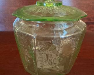 Green Depression Glass (glows) lidded biscuit jar, Princess pattern