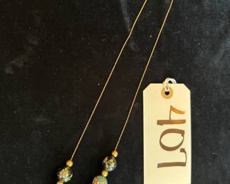 14Kt gold necklace with gold and cloisonne enamel beads (some gold beads have dents)